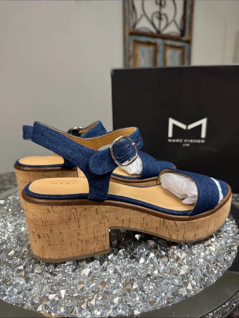 Marc Fisher Quessa Blue Denim Cork Platform Sandal NEW 9